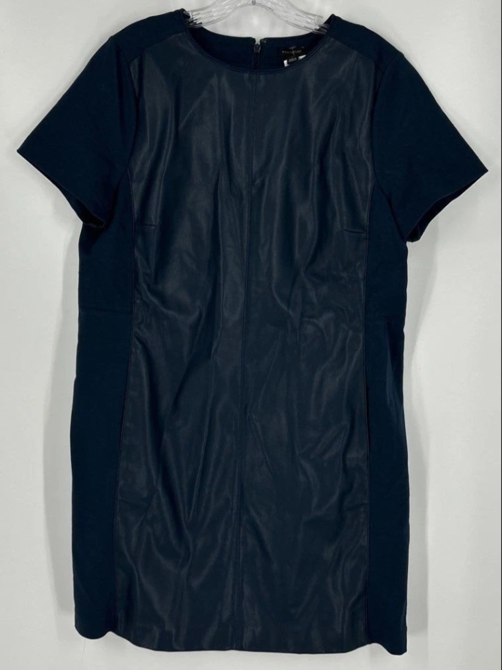 Ann Taylor Teal Blue Leather Short Sleeve Midi Back Zip Sheath Dress Large NWT